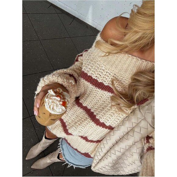 Women's Off Shoulder Sweater Knit Color Block Striped Long Sleeve Cozy - Picture 5 of 7